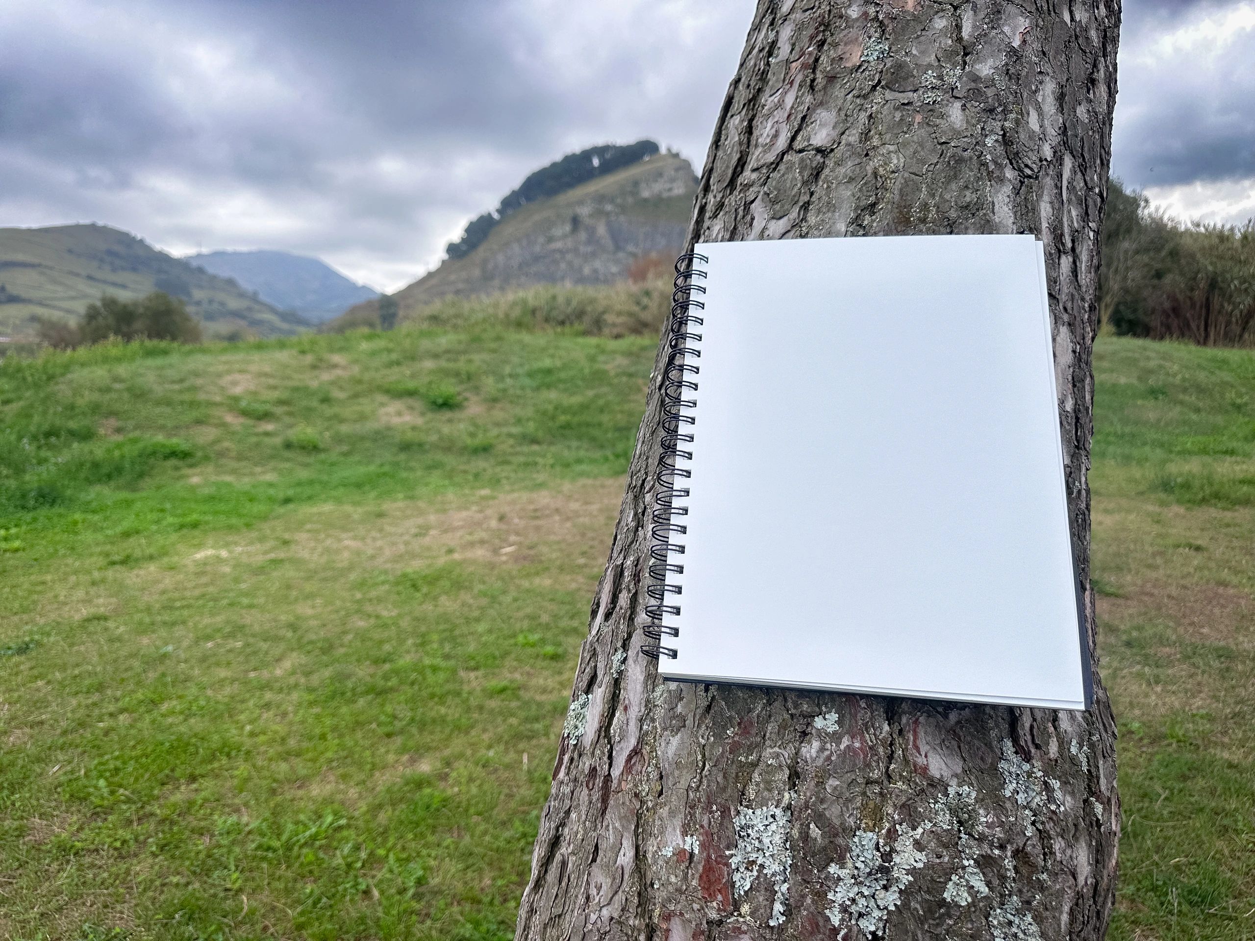 Sketchbook and paper in a creative workspace setting